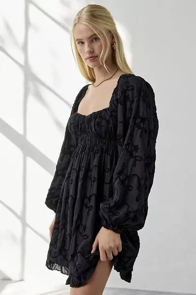 Kiss The Sky Bree Floral Jacquard Long Sleeve Babydoll Mini Dress