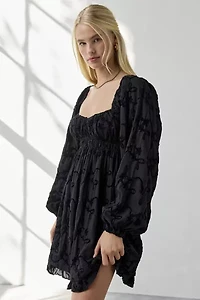 Kiss The Sky Bree Floral Jacquard Long Sleeve Babydoll Mini Dress