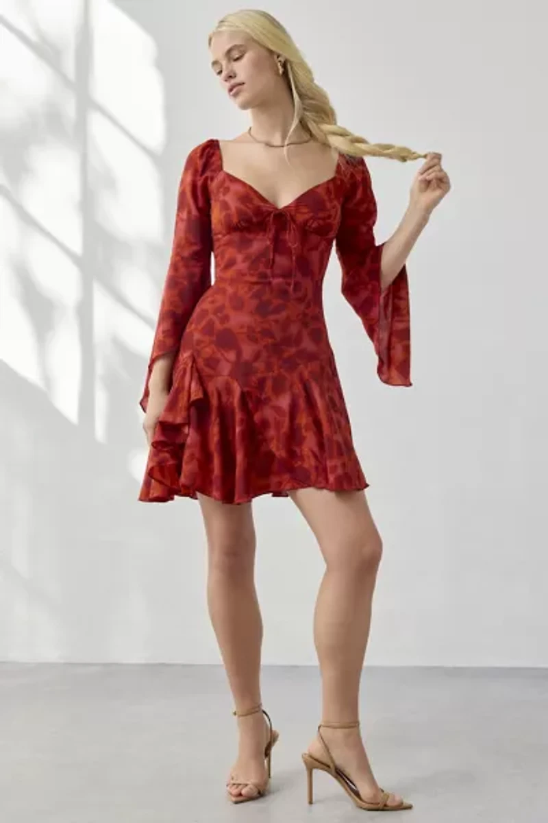 Kiss The Sky Juniper Fluted Sleeve Asymmetric Hanky Hem Mini Dress