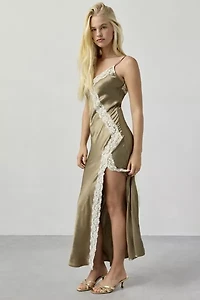 Kiss The Sky Lucia Lace Trim Crinkle Satin Slip Maxi Dress