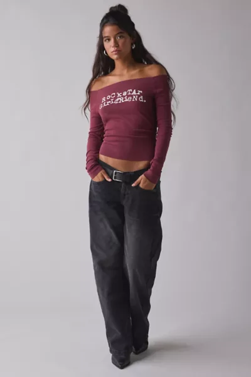 Rockstar Girlfriend Graphic Boatneck Off-The-Shoulder Long Sleeve Tee