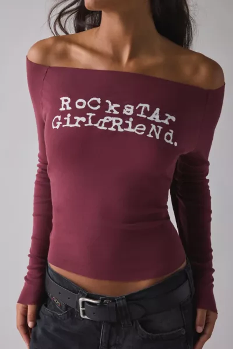 Rockstar Girlfriend Graphic Boatneck Off-The-Shoulder Long Sleeve Tee