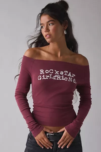 Rockstar Girlfriend Graphic Boatneck Off-The-Shoulder Long Sleeve Tee