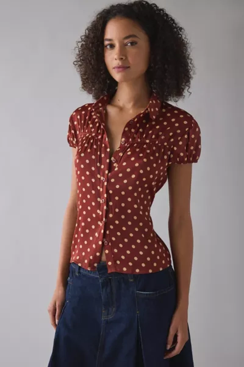 Motel Ulsan Polka Dot Puff Sleeve Button-Down Blouse