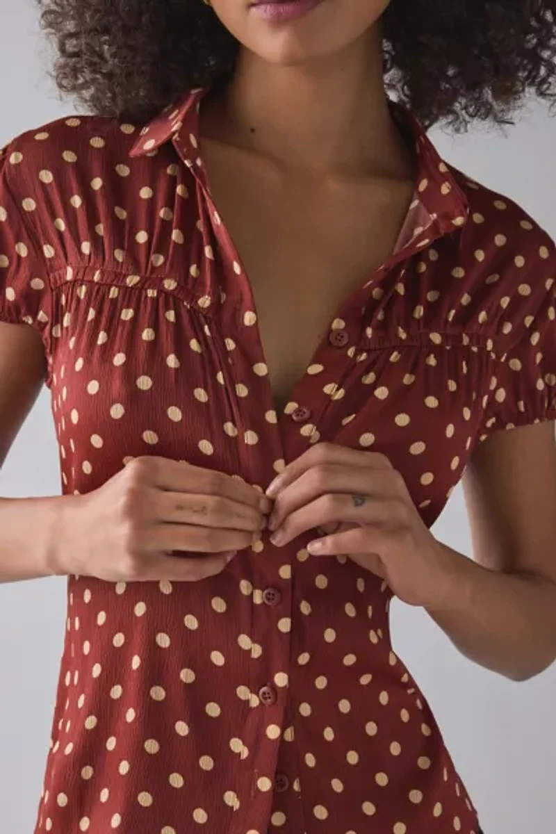 Motel Ulsan Polka Dot Puff Sleeve Button-Down Blouse