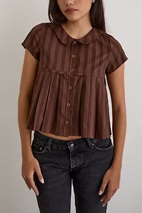 Motel Kaelis Pleated Babydoll Short Sleeve Button-Up Shirt