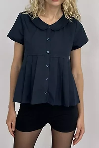 Motel Kaelis Pleated Babydoll Short Sleeve Button-Up Shirt