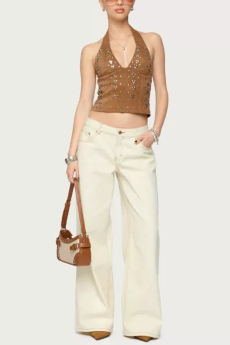 Edikted Contrast Stitch Low Rise Wide Leg Jeans