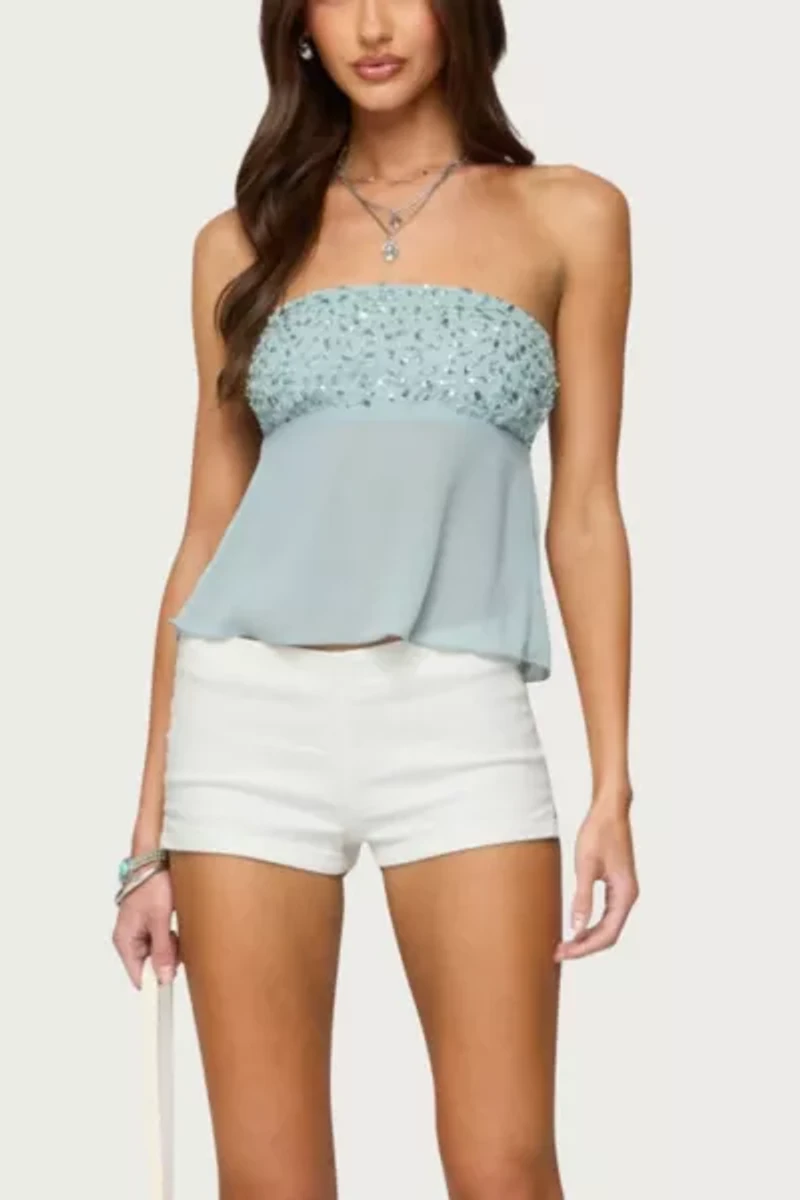 Edikted Beadie Sheer Chiffon Strapless Top
