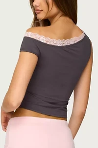 Edikted Contrast Lace Asymmetric Off Shoulder Top