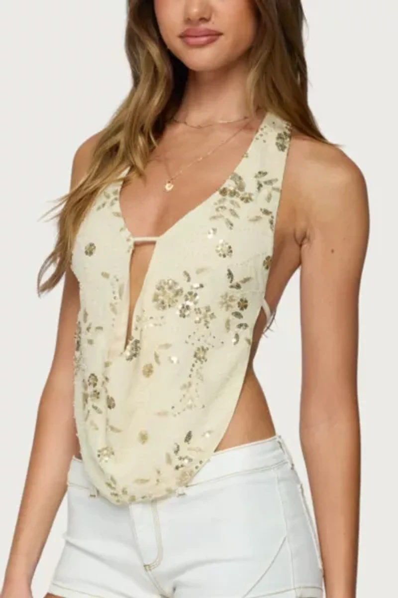 Edikted Beaded Chiffon Backless Cowl Neck Top