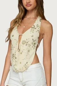 Edikted Beaded Chiffon Backless Cowl Neck Top