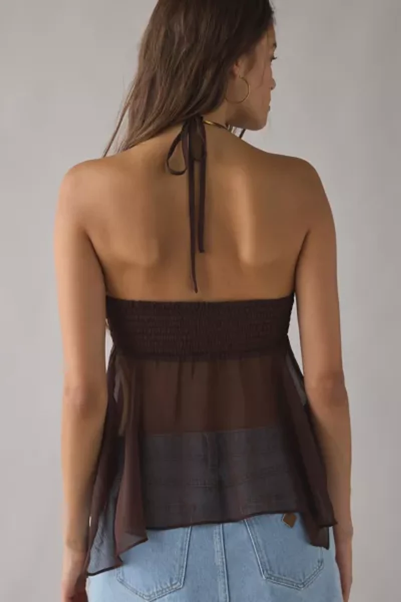 UO Isla Pearl Button Embellished Sheer Chiffon Halter Cami