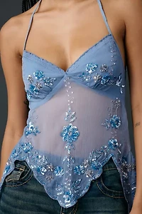 UO Eli Sheer Beaded Open Tie-Back Halter Top