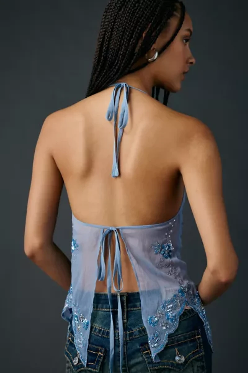 UO Eli Sheer Beaded Open Tie-Back Halter Top