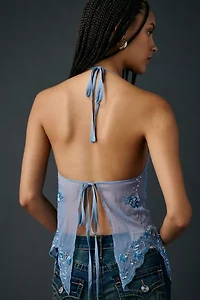 UO Eli Sheer Beaded Open Tie-Back Halter Top