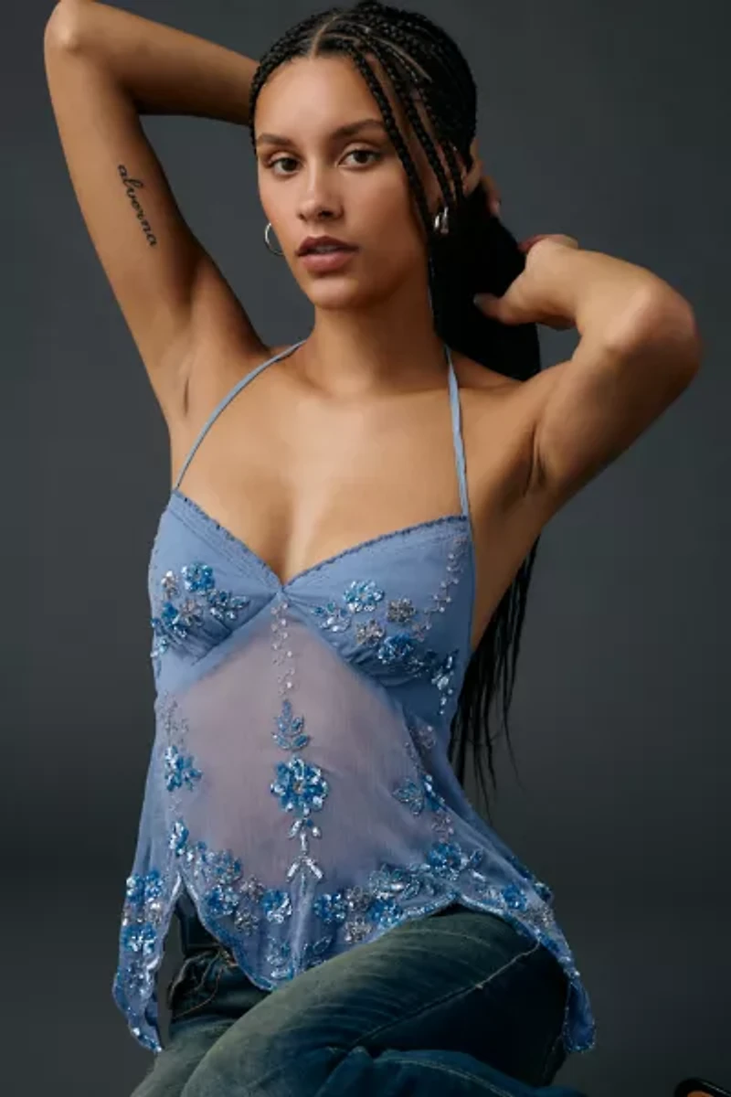 UO Eli Sheer Beaded Open Tie-Back Halter Top