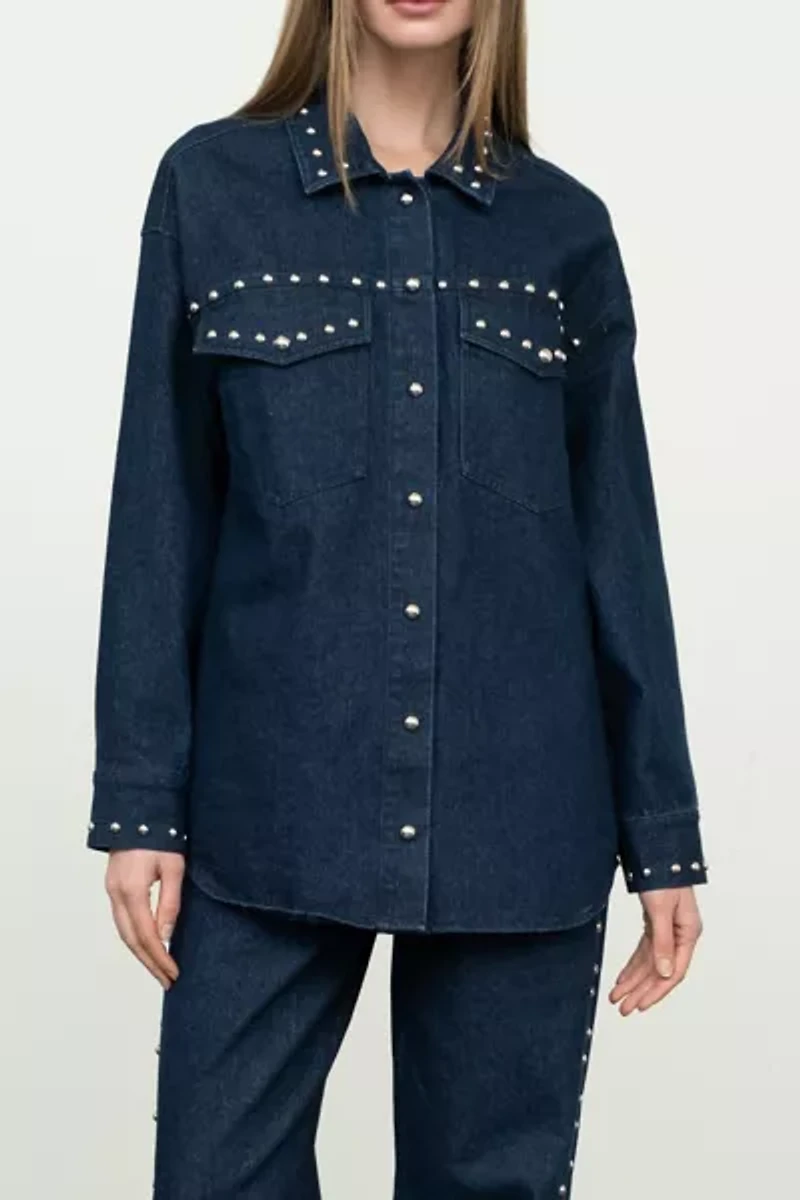 Moon River Snap Button Studded Denim Shirt Jacket