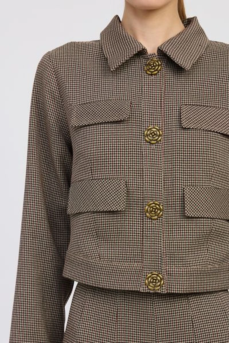 En Saison Aubrielle Floral Button Cropped Houndstooth Jacket