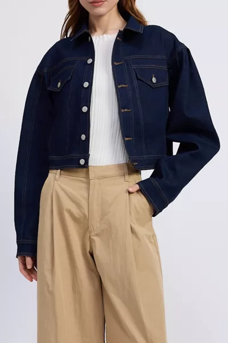 En Saison Seraphina Balloon Sleeve Cropped Denim Jacket