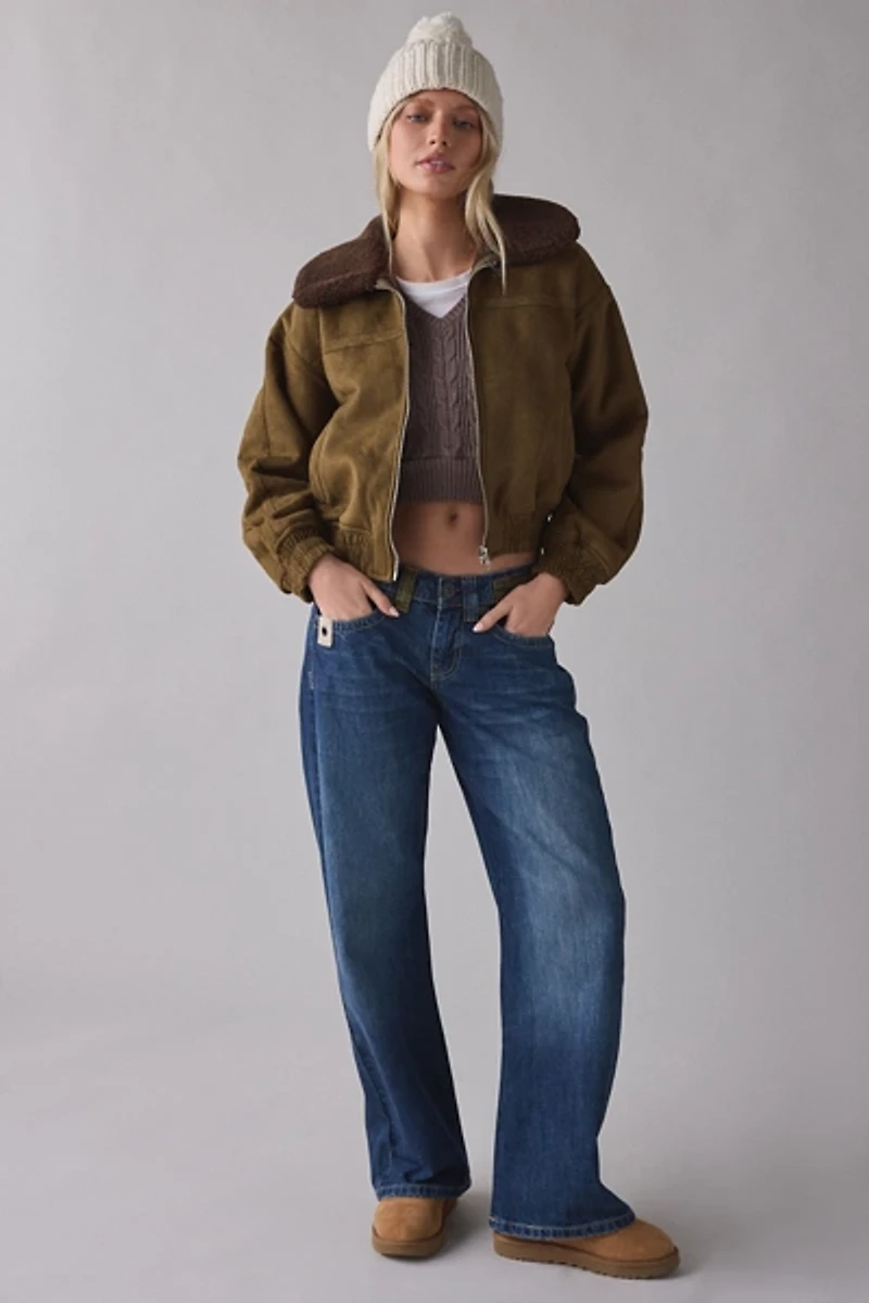 Moon River Teddy Lined Faux Suede Cropped Jacket