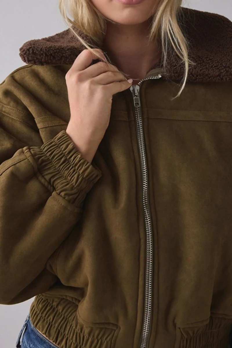 Moon River Teddy Lined Faux Suede Cropped Jacket