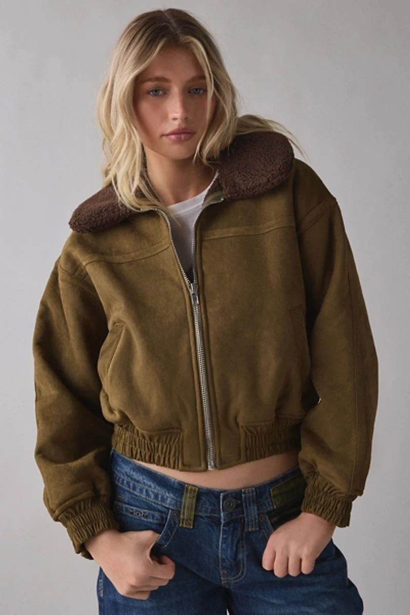Moon River Teddy Lined Faux Suede Cropped Jacket