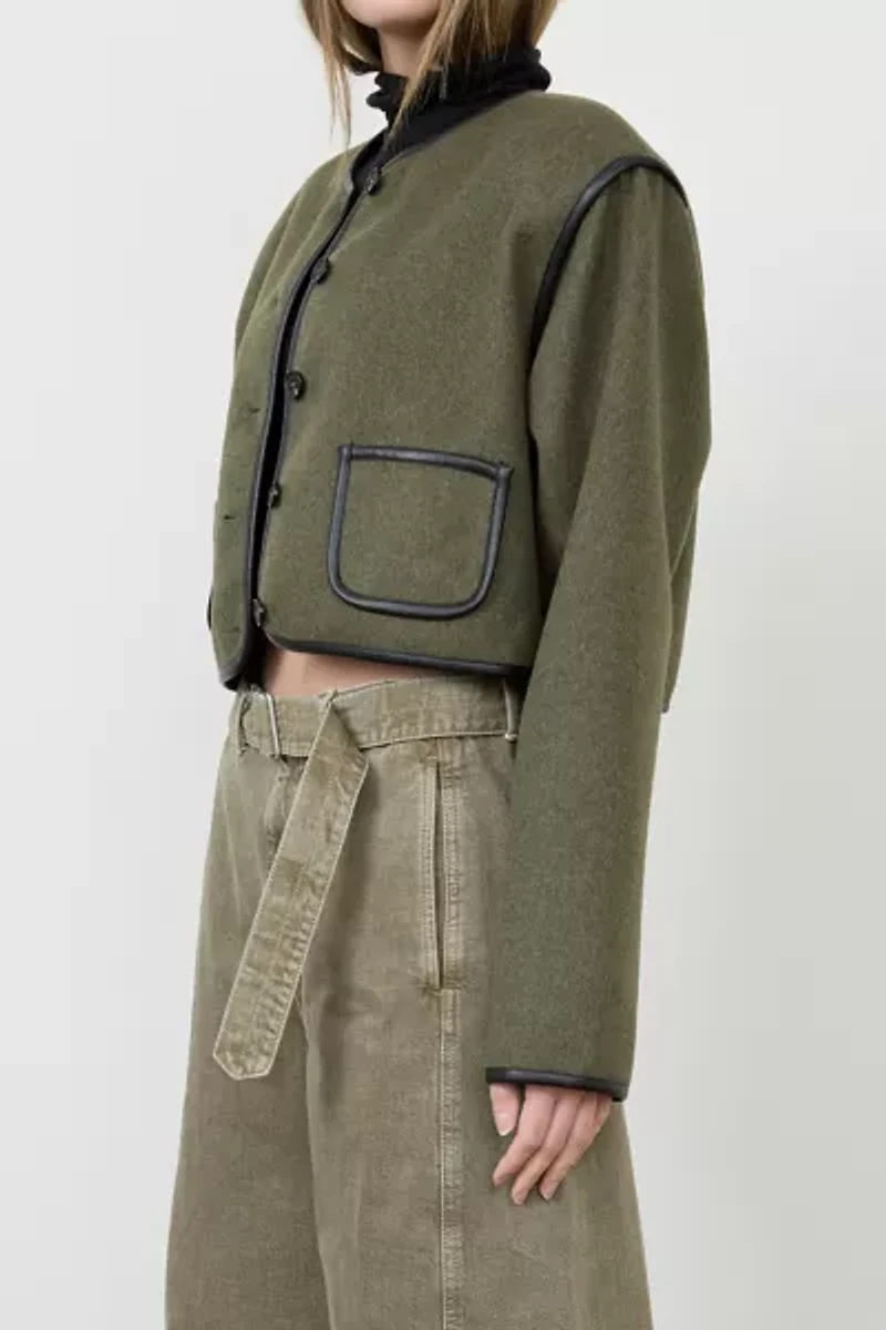 Moon River Button Front Collarless Cropped Jacket