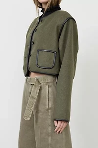 Moon River Button Front Collarless Cropped Jacket