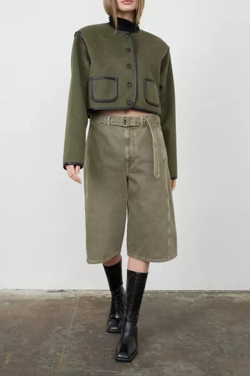 Moon River Button Front Collarless Cropped Jacket