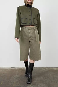 Moon River Button Front Collarless Cropped Jacket