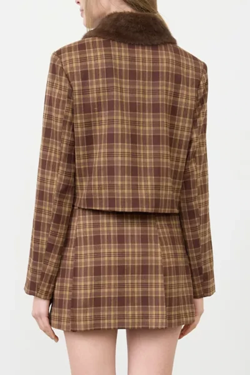 Moon River Faux Fur Trim Plaid Cropped Jacket