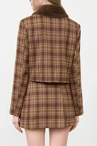 Moon River Faux Fur Trim Plaid Cropped Jacket