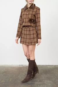 Moon River Faux Fur Trim Plaid Cropped Jacket