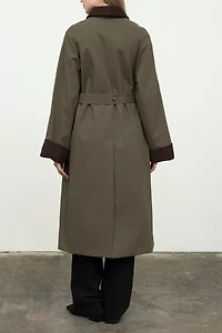 Moon River Corduroy Trim Long Trench Coat