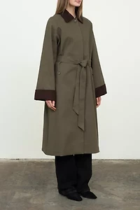 Moon River Corduroy Trim Long Trench Coat