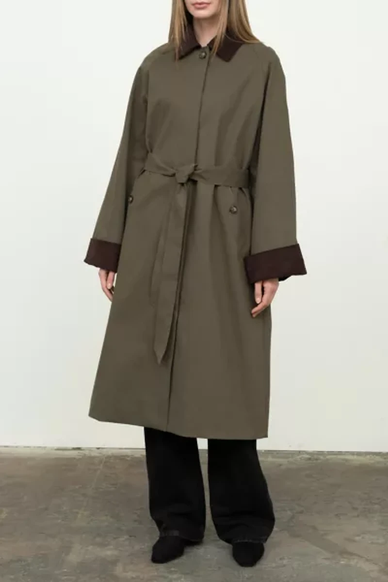 Moon River Corduroy Trim Long Trench Coat