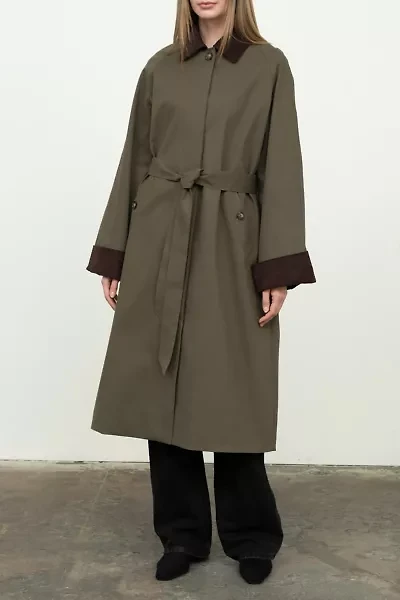 Moon River Corduroy Trim Long Trench Coat