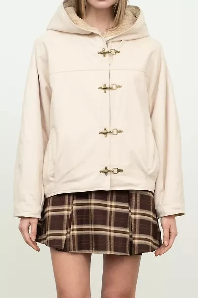 Moon River Ecru Toggle Button Fleece Lined Hooded Jacket