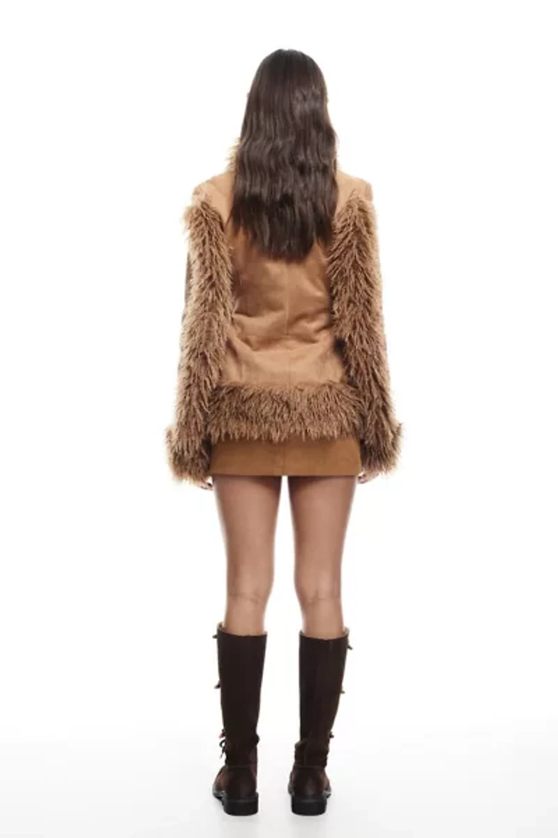 Lioness Oui Faux Fur Trim Suede Coat