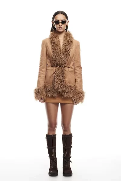 Lioness Oui Faux Fur Trim Suede Coat
