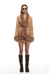 Lioness Oui Faux Fur Trim Suede Coat