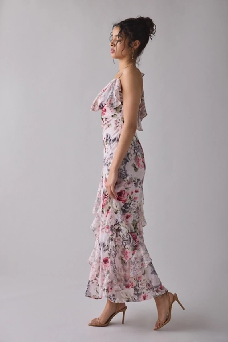 For Love & Lemons Nora Asymmetric Ruffle Cowl Neck Maxi Dress