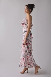 For Love & Lemons Nora Asymmetric Ruffle Cowl Neck Maxi Dress