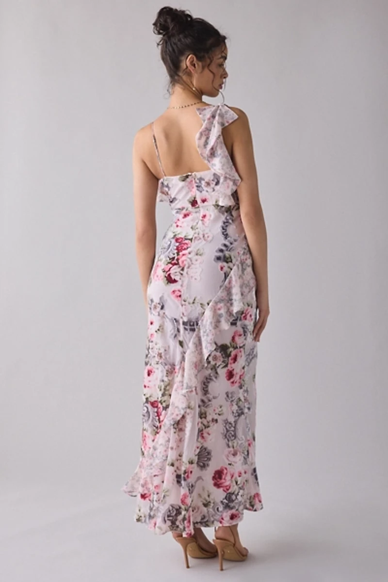 For Love & Lemons Nora Asymmetric Ruffle Cowl Neck Maxi Dress