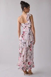 For Love & Lemons Nora Asymmetric Ruffle Cowl Neck Maxi Dress