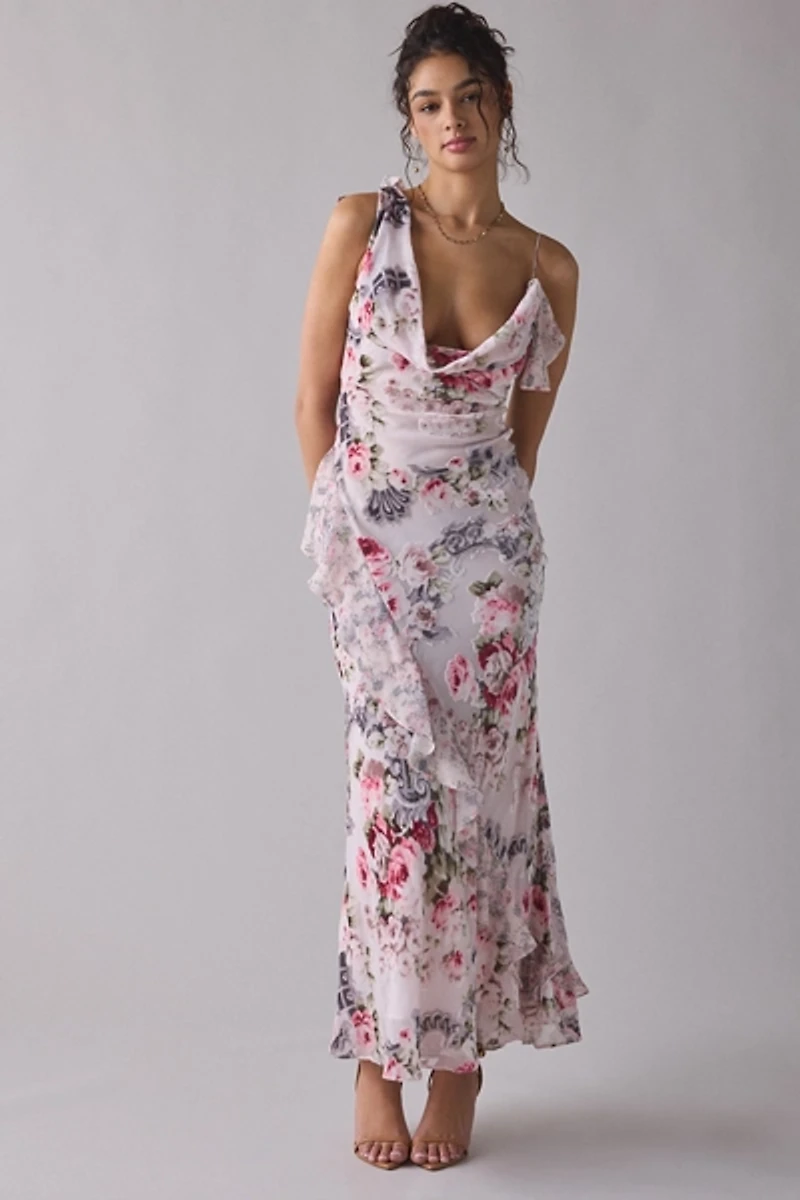 For Love & Lemons Nora Asymmetric Ruffle Cowl Neck Maxi Dress