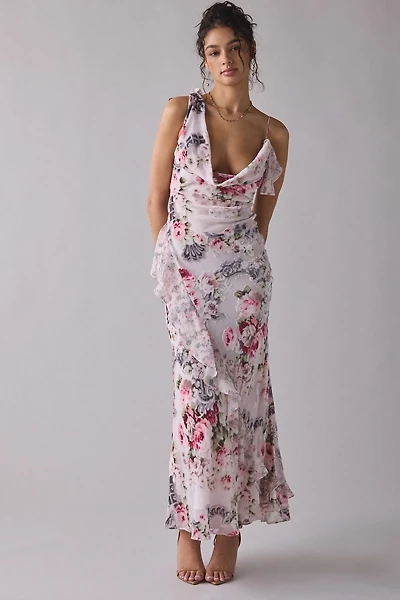 For Love & Lemons Nora Asymmetric Ruffle Cowl Neck Maxi Dress