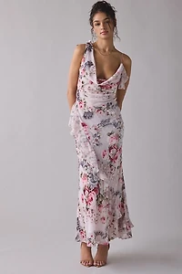 For Love & Lemons Nora Asymmetric Ruffle Cowl Neck Maxi Dress