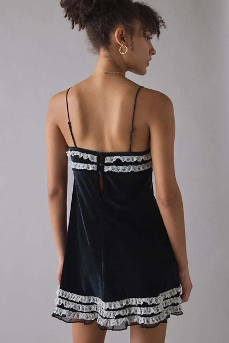 For Love & Lemons Claire Velvet Lace Trim Babydoll Mini Dress